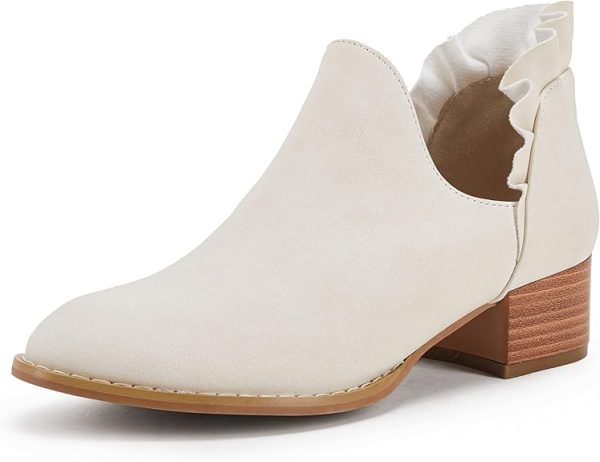 Womens Ruffled Ankle Boots V Cut Out Pointed Toe Chunky Low Heel Dressy Western Booties